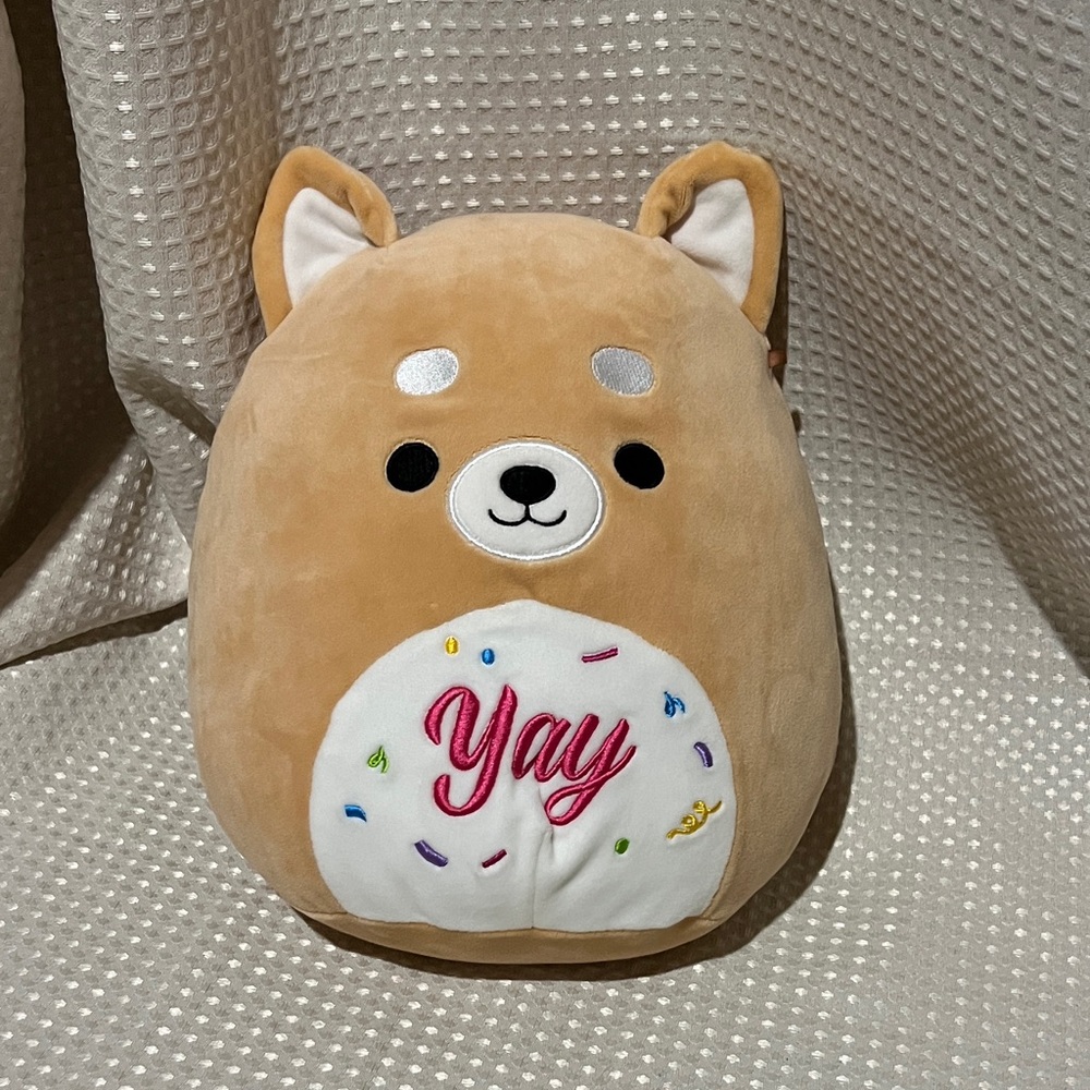 Squishmallows Angie the Birthday Shiba Inu 10" Tan Plush Toy with “Yay”